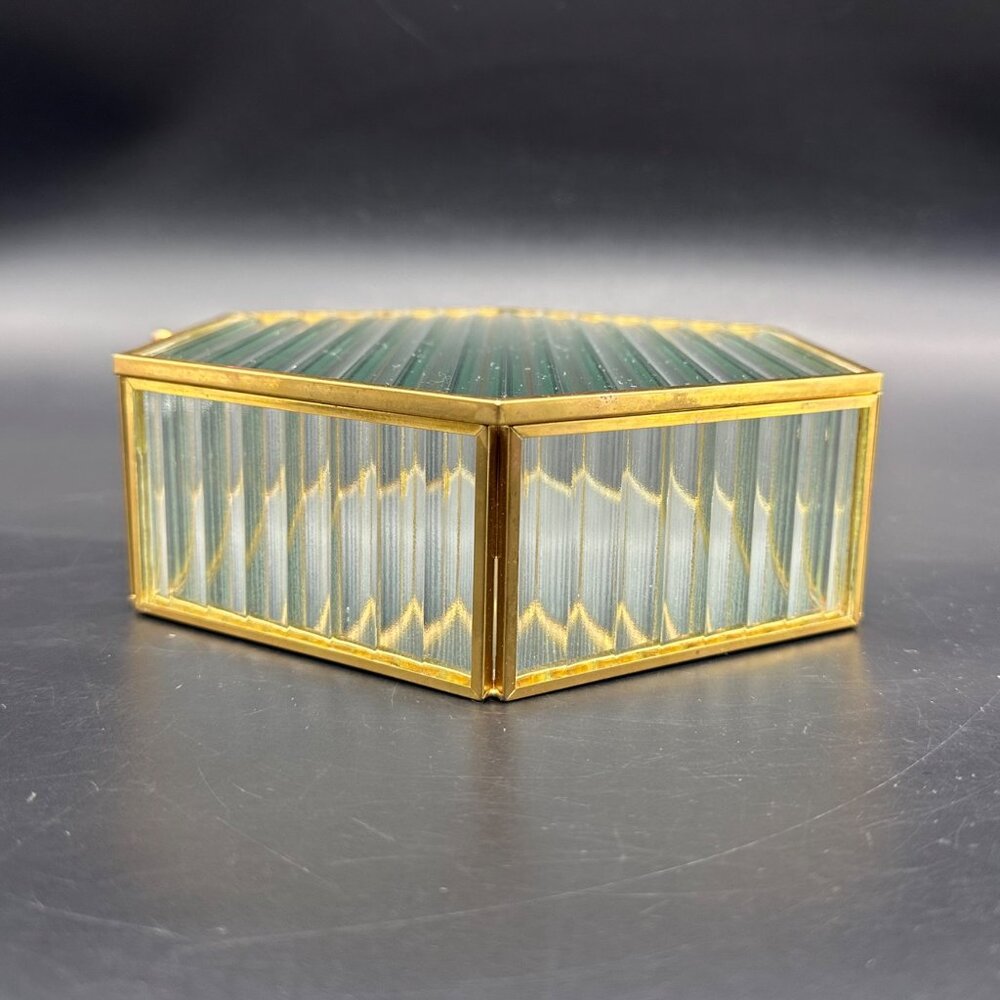 Vintage Jewelry Box Hexagon Ribbed Clear Glass Brass Hinged Top Mirrored Inside - Picture 4 of 11